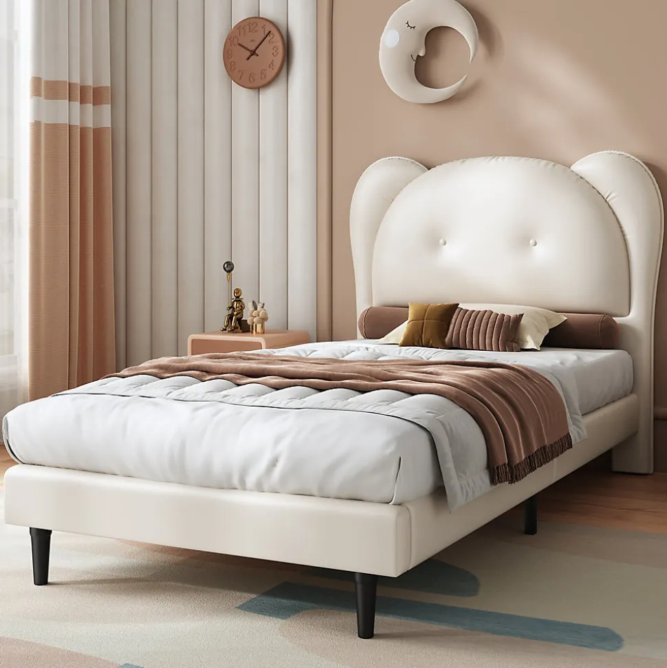Lit enfant 90x200 cm - Lit avec Tête de Lit en Forme d'Animal - PU - Sans Matelas - Beige