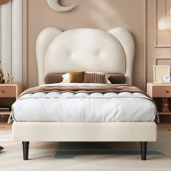 Lit enfant 90x200 cm - Lit avec Tête de Lit en Forme d'Animal - PU - Sans Matelas - Beige