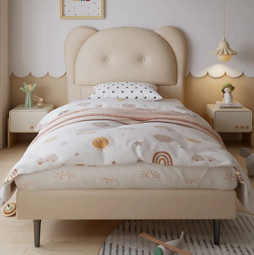 Lit enfant 90x200 cm - Lit avec Tête de Lit en Forme d'Animal - PU - Sans Matelas - Beige