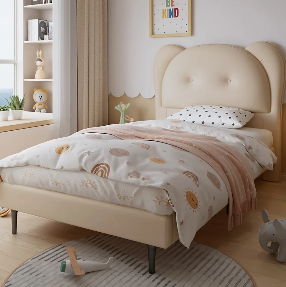 Lit enfant 90x200 cm - Lit avec Tête de Lit en Forme d'Animal - PU - Sans Matelas - Beige