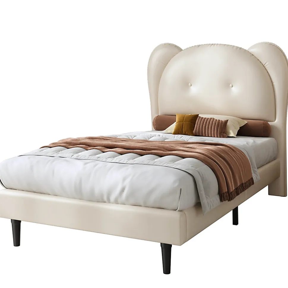 Lit enfant 90x200 cm - Lit avec Tête de Lit en Forme d'Animal - PU - Sans Matelas - Beige