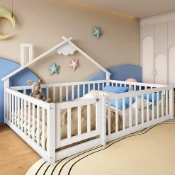 Lit enfant 140x190 cm - Lit avec barrières et design maison - Bois de pin et MDF - Sans matelas - Blanc