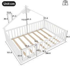 Lit enfant 140x190 cm - Lit avec barrières et design maison - Bois de pin et MDF - Sans matelas - Blanc