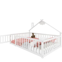 Lit enfant 140x190 cm - Lit avec barrières et design maison - Bois de pin et MDF - Sans matelas - Blanc