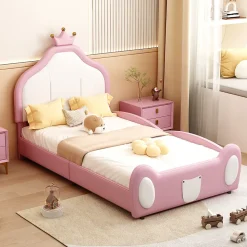 Lit enfant 90x200 cm - Lit avec Tête de Lit Couronne, design Bicolore, en Simili Cuir, Sans Matelas, Rose