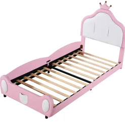 Lit enfant 90x200 cm - Lit avec Tête de Lit Couronne, design Bicolore, en Simili Cuir, Sans Matelas, Rose