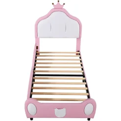 Lit enfant 90x200 cm - Lit avec Tête de Lit Couronne, design Bicolore, en Simili Cuir, Sans Matelas, Rose
