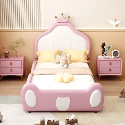 Lit enfant 90x200 cm - Lit avec Tête de Lit Couronne, design Bicolore, en Simili Cuir, Sans Matelas, Rose