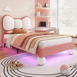 Lit enfant 90x200 cm - Lit avec Tête de Lit en Ailes et LED - Velours - Sans matelas - Rose