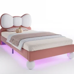 Lit enfant 90x200 cm - Lit avec Tête de Lit en Ailes et LED - Velours - Sans matelas - Rose