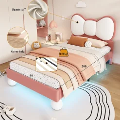 Lit enfant 90x200 cm - Lit avec Tête de Lit en Ailes et LED - Velours - Sans matelas - Rose