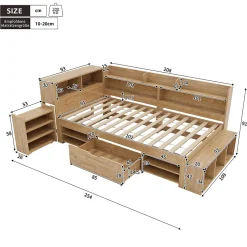 Lit Enfant 90x200 cm - Lit avec Rangement Multifonction, Tiroirs et Étagères, Lit Simple en Bois Nature - Sans Matelas
