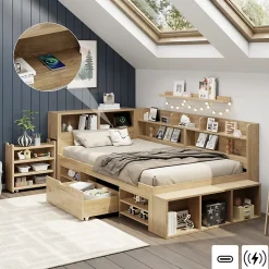 Lit Enfant 90x200 cm - Lit avec Rangement Multifonction, Tiroirs et Étagères, Lit Simple en Bois Nature - Sans Matelas