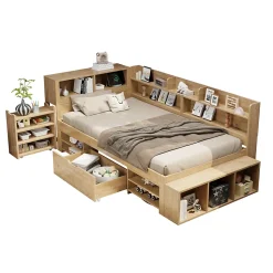 Lit Enfant 90x200 cm - Lit avec Rangement Multifonction, Tiroirs et Étagères, Lit Simple en Bois Nature - Sans Matelas