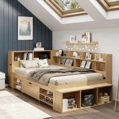 Lit Enfant 90x200 cm - Lit avec Rangement Multifonction, Tiroirs et Étagères, Lit Simple en Bois Nature - Sans Matelas