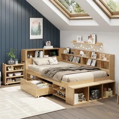 Lit Enfant 90x200 cm - Lit avec Rangement Multifonction, Tiroirs et Étagères, Lit Simple en Bois Nature - Sans Matelas