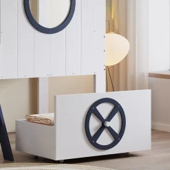 Lit enfant 90x200 cm - Lit Cabane avec Rangement et design Marin - Pin et MDF - Sans Matelas - Blanc + Bleu foncé