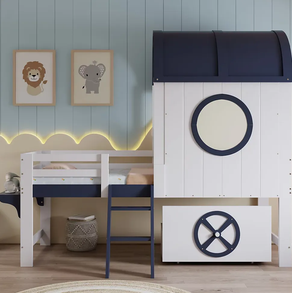 Lit enfant 90x200 cm - Lit Cabane avec Rangement et design Marin - Pin et MDF - Sans Matelas - Blanc + Bleu foncé