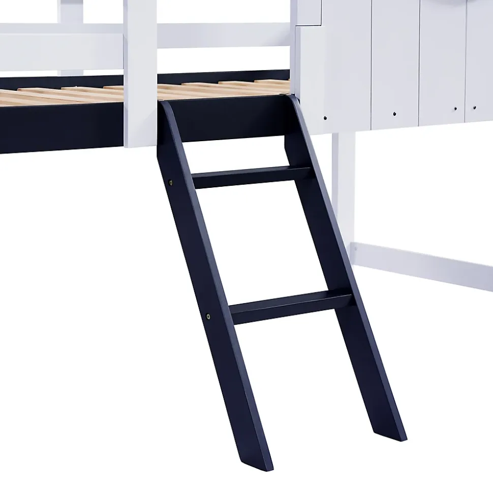 Lit enfant 90x200 cm - Lit Cabane avec Rangement et design Marin - Pin et MDF - Sans Matelas - Blanc + Bleu foncé