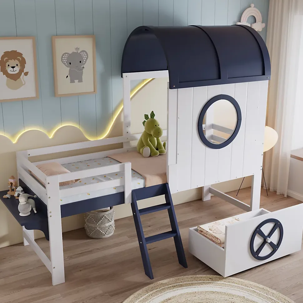 Lit enfant 90x200 cm - Lit Cabane avec Rangement et design Marin - Pin et MDF - Sans Matelas - Blanc + Bleu foncé