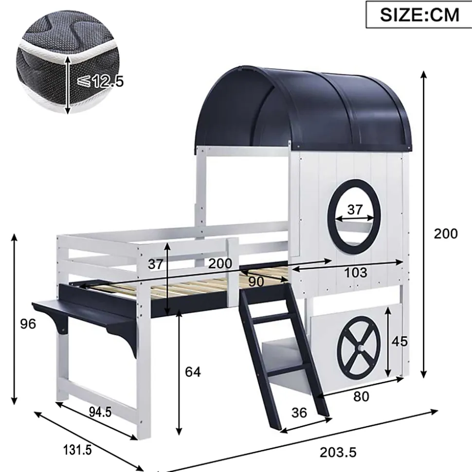 Lit enfant 90x200 cm - Lit Cabane avec Rangement et design Marin - Pin et MDF - Sans Matelas - Blanc + Bleu foncé