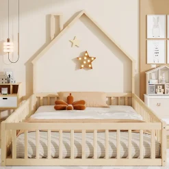 Lit Enfant 140x190 cm - Lit Cabane Design Maison avec Cheminée Décorative et Sommier Inclus, Bois et MDF, Naturel, sans Matelas