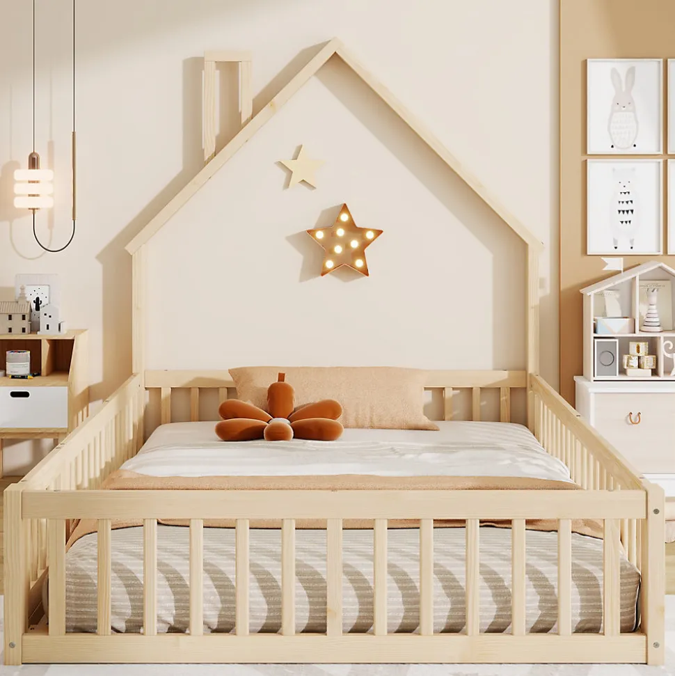 Lit Enfant 140x190 cm - Lit Cabane Design Maison avec Cheminée Décorative et Sommier Inclus, Bois et MDF, Naturel, sans Matelas