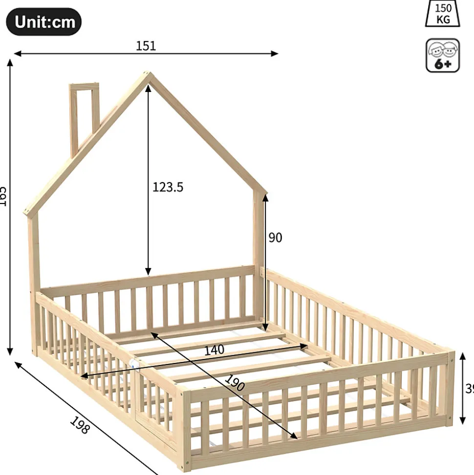 Lit Enfant 140x190 cm - Lit Cabane Design Maison avec Cheminée Décorative et Sommier Inclus, Bois et MDF, Naturel, sans Matelas