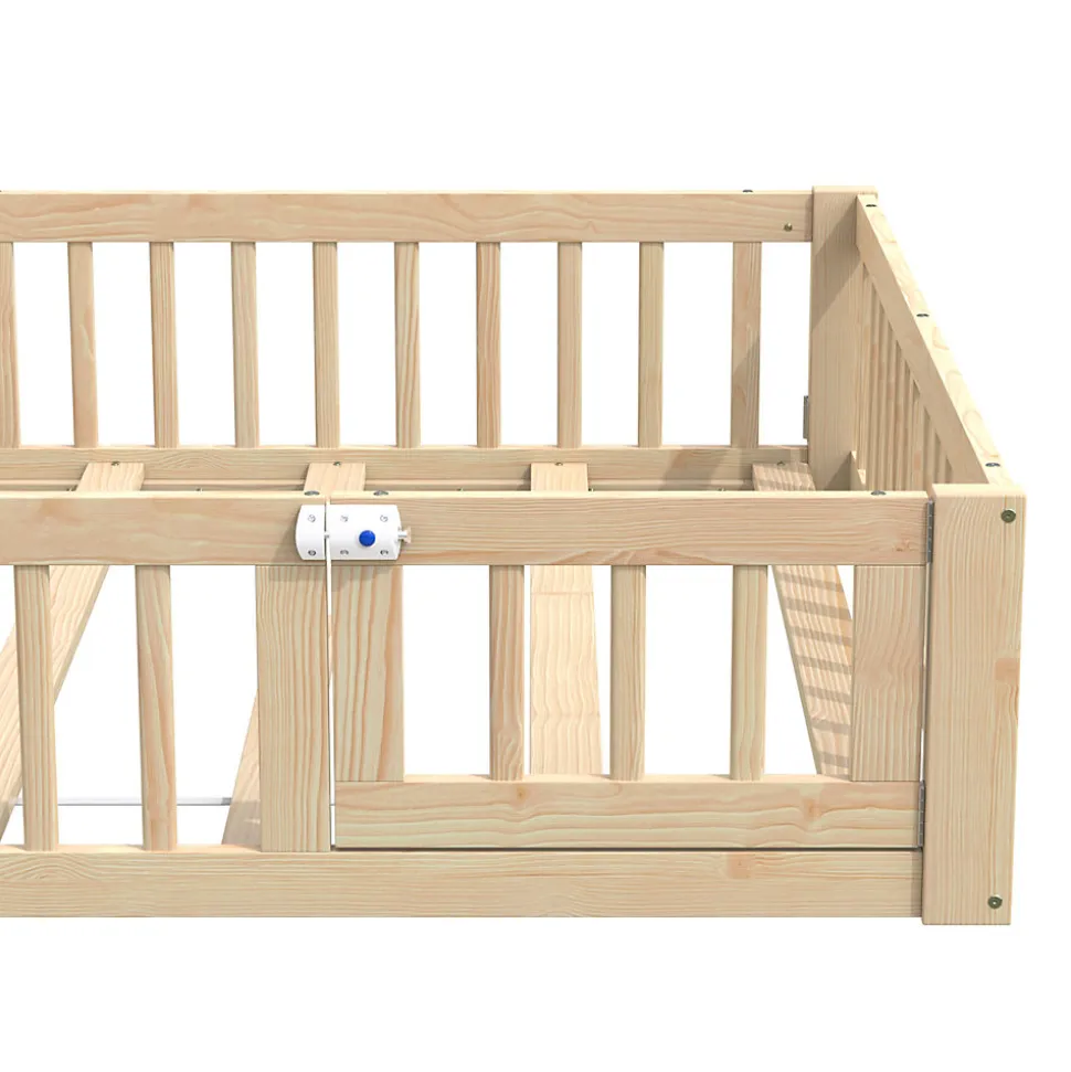Lit Enfant 140x190 cm - Lit Cabane Design Maison avec Cheminée Décorative et Sommier Inclus, Bois et MDF, Naturel, sans Matelas