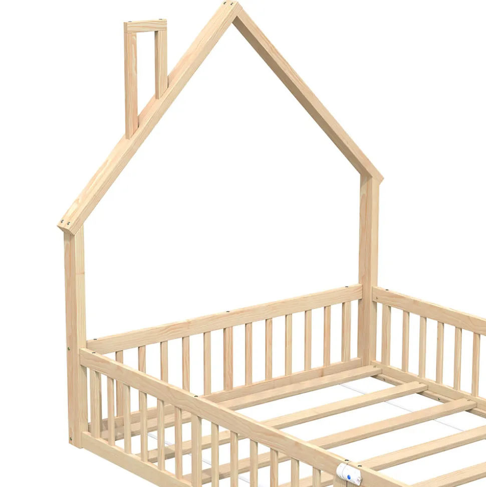 Lit Enfant 140x190 cm - Lit Cabane Design Maison avec Cheminée Décorative et Sommier Inclus, Bois et MDF, Naturel, sans Matelas