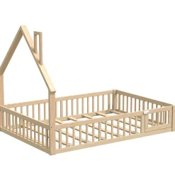 Lit Enfant 140x190 cm - Lit Cabane Design Maison avec Cheminée Décorative et Sommier Inclus, Bois et MDF, Naturel, sans Matelas