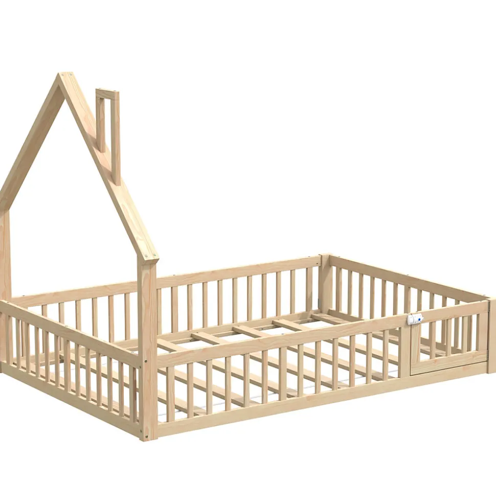 Lit Enfant 140x190 cm - Lit Cabane Design Maison avec Cheminée Décorative et Sommier Inclus, Bois et MDF, Naturel, sans Matelas
