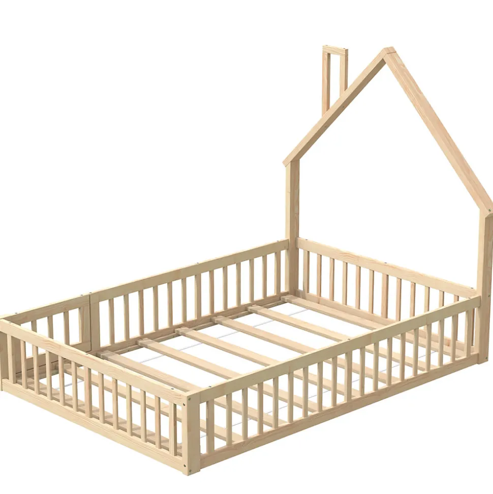 Lit Enfant 140x190 cm - Lit Cabane Design Maison avec Cheminée Décorative et Sommier Inclus, Bois et MDF, Naturel, sans Matelas