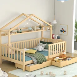 Lit enfant 90x200 cm - Lit Cabane avec 2 Tiroirs de Rangement, Sommier en Bois Inclus, Sans Matelas - Naturel