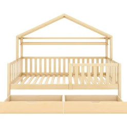 Lit enfant 90x200 cm - Lit Cabane avec 2 Tiroirs de Rangement, Sommier en Bois Inclus, Sans Matelas - Naturel