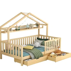Lit enfant 90x200 cm - Lit Cabane avec 2 Tiroirs de Rangement, Sommier en Bois Inclus, Sans Matelas - Naturel