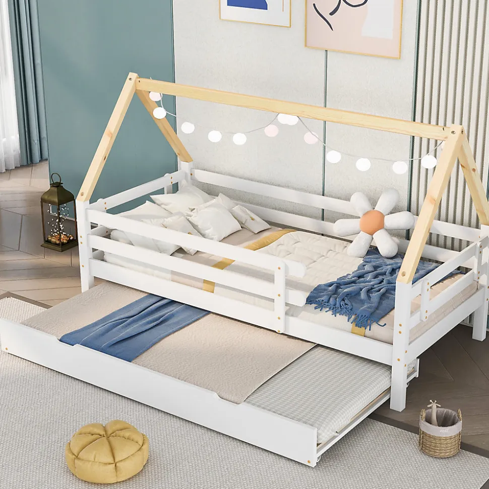 Lit Enfant 90x200 cm - Lit Cabane avec Lit Gigogne à Roulettes - Bois Massif Naturel - Sans Matelas