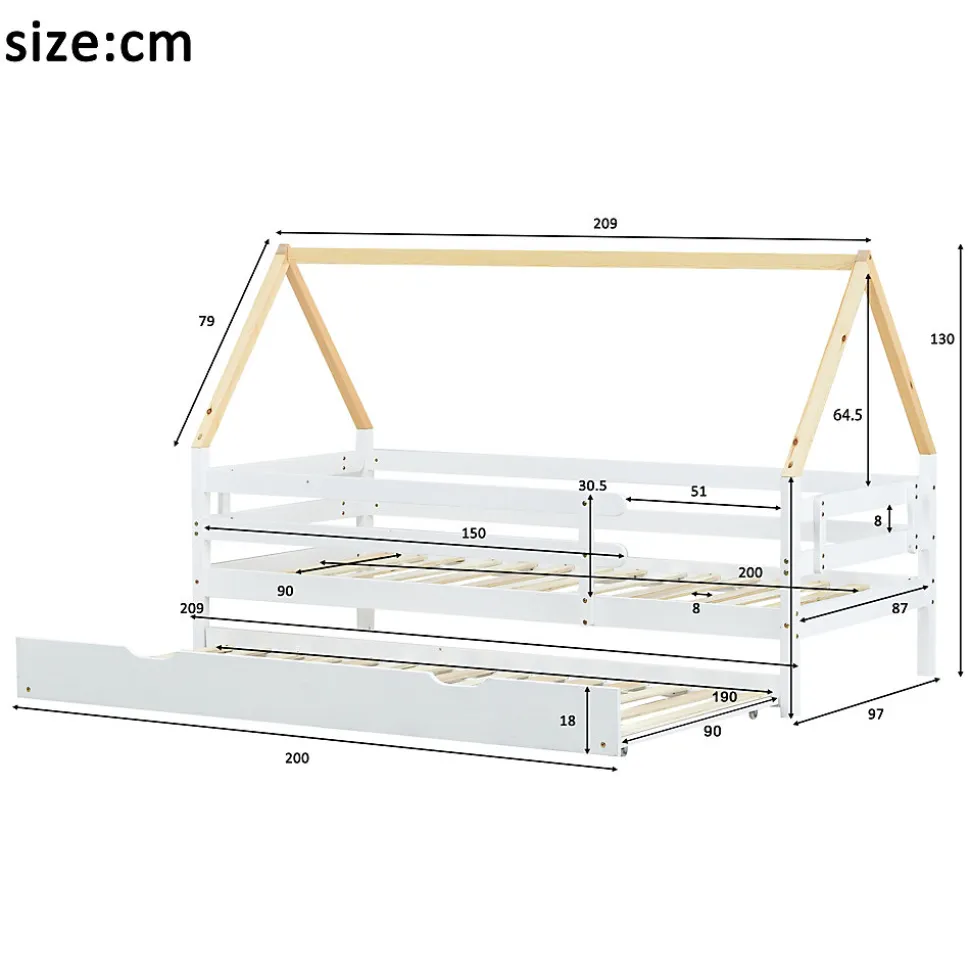 Lit Enfant 90x200 cm - Lit Cabane avec Lit Gigogne à Roulettes - Bois Massif Naturel - Sans Matelas