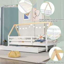 Lit Enfant 90x200 cm - Lit Cabane avec Lit Gigogne à Roulettes - Bois Massif Naturel - Sans Matelas