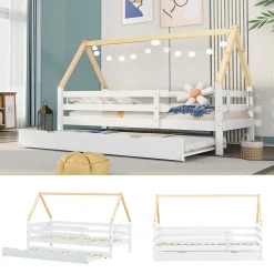 Lit Enfant 90x200 cm - Lit Cabane avec Lit Gigogne à Roulettes - Bois Massif Naturel - Sans Matelas