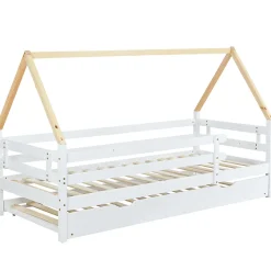 Lit Enfant 90x200 cm - Lit Cabane avec Lit Gigogne à Roulettes - Bois Massif Naturel - Sans Matelas