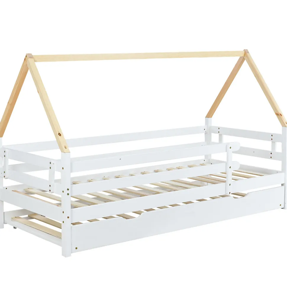 Lit Enfant 90x200 cm - Lit Cabane avec Lit Gigogne à Roulettes - Bois Massif Naturel - Sans Matelas