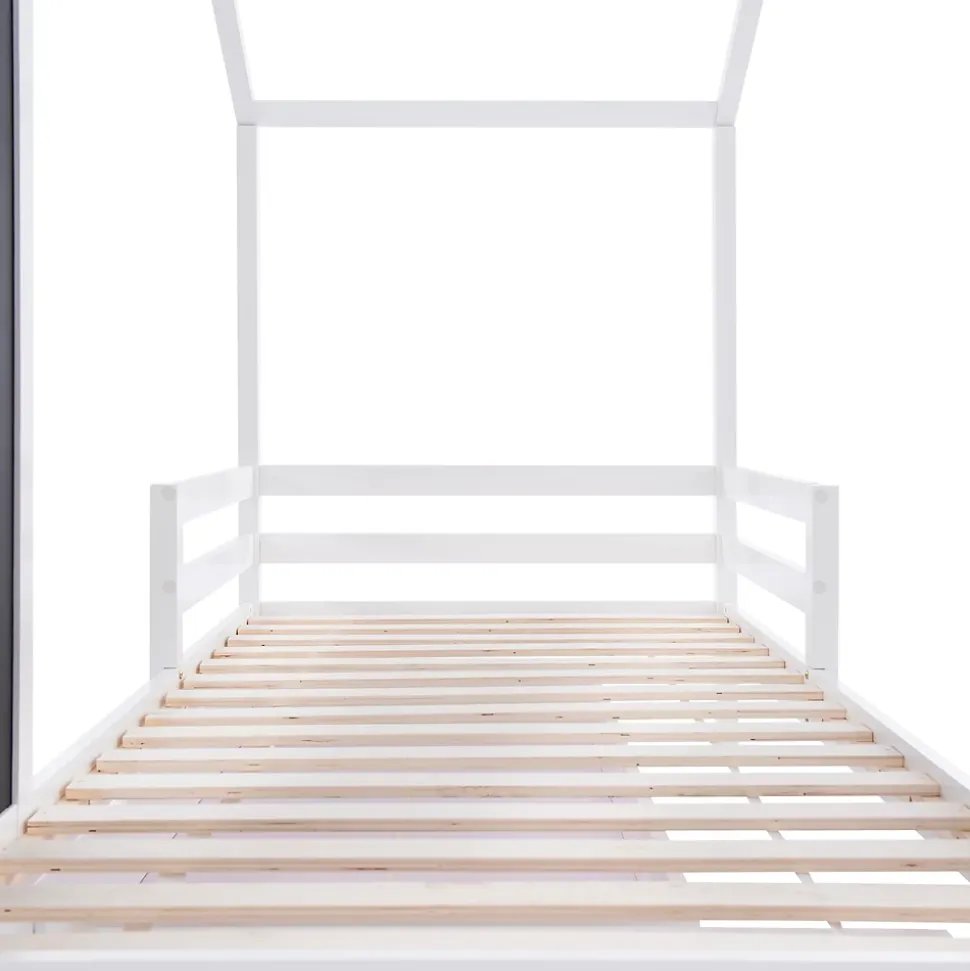 Lit enfant 90x200 cm - Lit Cabane avec Tableau et 2 Tiroirs, Rangement Pratique, Bois Massif et MDF, Sans Matelas - Blanc