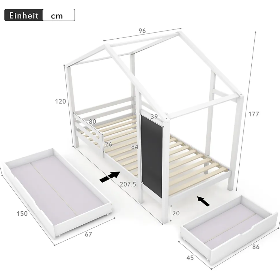 Lit enfant 90x200 cm - Lit Cabane avec Tableau et 2 Tiroirs, Rangement Pratique, Bois Massif et MDF, Sans Matelas - Blanc