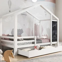 Lit enfant 90x200 cm - Lit Cabane avec Tableau et 2 Tiroirs, Rangement Pratique, Bois Massif et MDF, Sans Matelas - Blanc