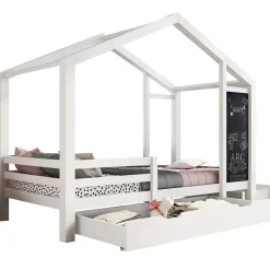 Lit enfant 90x200 cm - Lit Cabane avec Tableau et 2 Tiroirs, Rangement Pratique, Bois Massif et MDF, Sans Matelas - Blanc