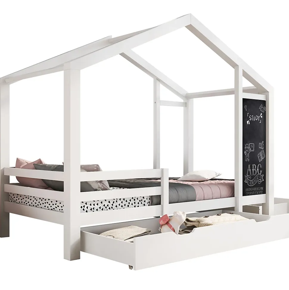 Lit enfant 90x200 cm - Lit Cabane avec Tableau et 2 Tiroirs, Rangement Pratique, Bois Massif et MDF, Sans Matelas - Blanc