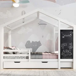 Lit enfant 90x200 cm - Lit Cabane avec Tableau et 2 Tiroirs, Rangement Pratique, Bois Massif et MDF, Sans Matelas - Blanc