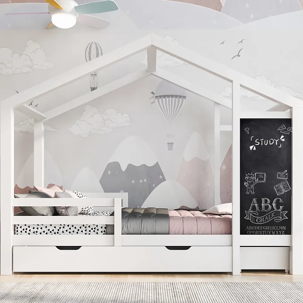 Lit enfant 90x200 cm - Lit Cabane avec Tableau et 2 Tiroirs, Rangement Pratique, Bois Massif et MDF, Sans Matelas - Blanc