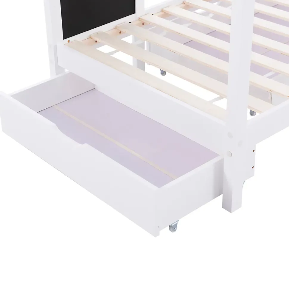 Lit enfant 90x200 cm - Lit Cabane avec Tableau et 2 Tiroirs, Rangement Pratique, Bois Massif et MDF, Sans Matelas - Blanc